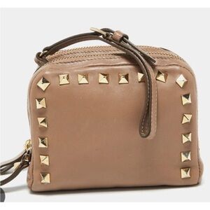 Valentino Beige Leather Rockstud Double Pouch Wallet